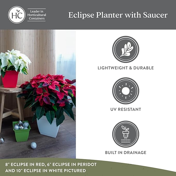 The HC Companies 6 Inch Eclipse Square Planter Pots with Drainage Holes & Attached Saucer, Lightweight UV-Resistant Plastic Indoor Outdoor Planters, 4-Pack Flower Pots for Garden & Home Decor, White