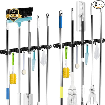 AceMining 2 Pack Black 5 Racks and 4 Hooks Mop and Broom Holder Wall Mount, Broom Organizer Storage Tool Racks Stainless Steel Heavy Duty Hooks Self Adhesive Solid Non-slip for Home Kitchen Garden