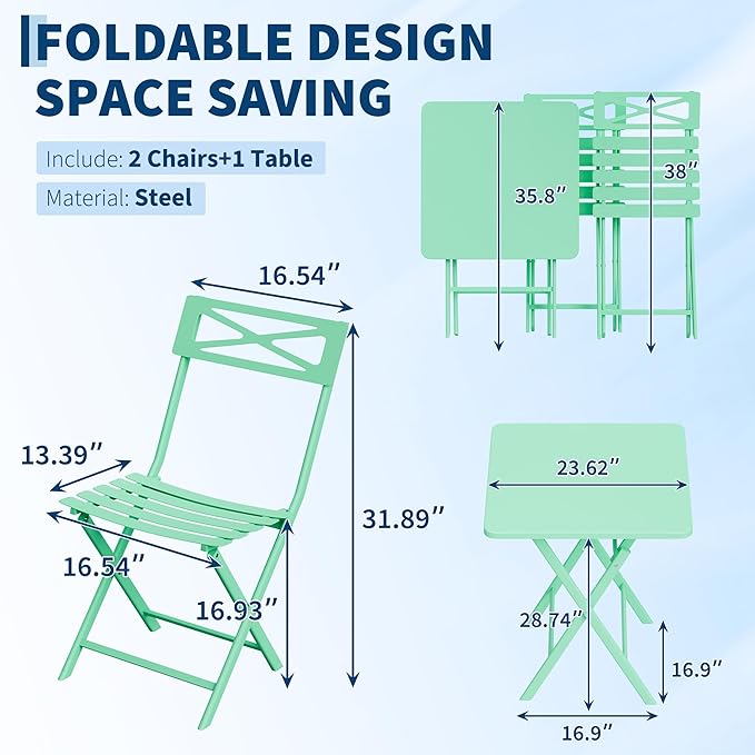 Outdoor Square Bistro Set 3 Piece, Green Iron Tube Patio Furniture Set with Square Table & 2 Chairs, Foldable Steel Backyard Deck Porch Garden , Space Saving Outdoor Dining Set for Small Spaces