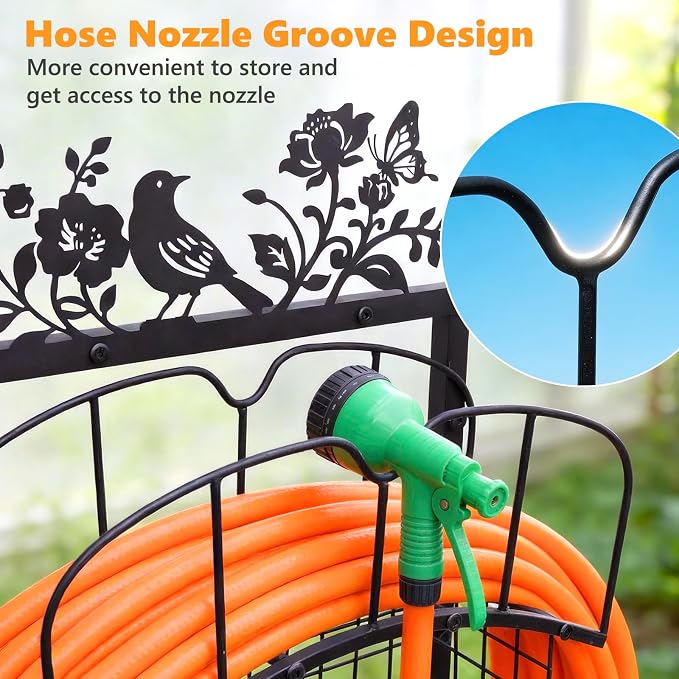 Garden Hose Holder with Metal Decor Signs, Adjustable Height Stable Water | Hose Reel Holders with Holds 150 ft Pipe, Storage Hanger Basket Rack Freestanding Decorative Stand for Outdoor Yard Lawn Farm