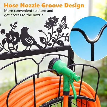 Garden Hose Holder with Metal Decor Signs, Adjustable Height Stable Water | Hose Reel Holders with Holds 150 ft Pipe, Storage Hanger Basket Rack Freestanding Decorative Stand for Outdoor Yard Lawn Farm