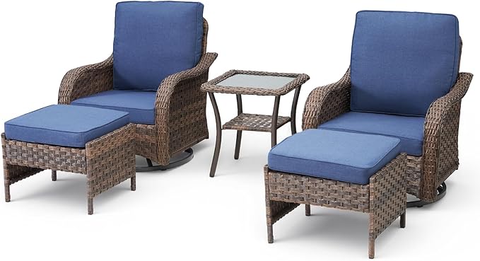 Patio Wicker Chairs Swivel Rocker Outdoor Rocking Chairs Set of 5 Rattan Furniture Set with Thick Cushion, Side Tables, Ottomans for Balcony Deck Backyard, Blue