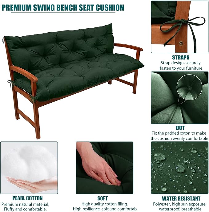 Swing Replacement Seat Cushions, 2-3 Seater Bench Cushions for Outdoor Furnitur with Backrest, Garden Recliner Seat Cushions Waterproof Sofa Pads (Dark Green, 60x40in)