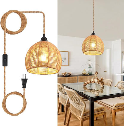 Plug in Pendant Light, Industrial Hanging Light with Plug in Cord Hemp Rope On/Off Switch Farmhouse Pendant Lamp with Plug in Cord, Vintage Hanging Lamps for Dining Room