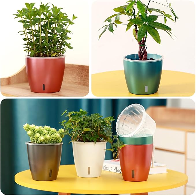 Self Watering Pots for Indoor Plants, 6-Pack 5'' Self Watering Planter with Drainage Holes, Small African Violet Pots with Water Indicator, Clear Wick Orchid Pot, Rose Gold