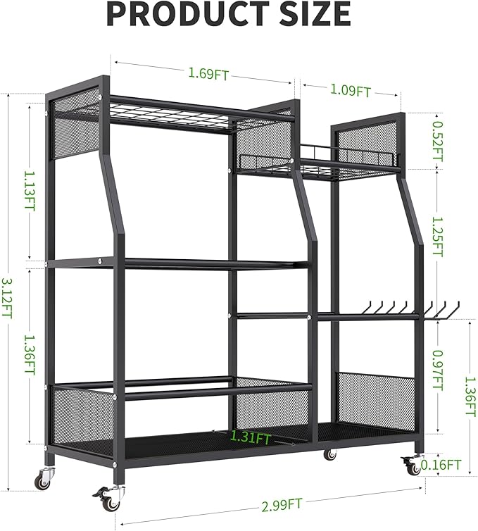 HOTEAGLE Garden Tool Organizer for Garage with 35.4” Width(High Stability), Outdoor Metal Utility Rolling Carts with Mute Wheels & 18.5mm Thick Rods, Easy to Clean, Black
