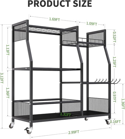 HOTEAGLE Garden Tool Organizer for Garage with 35.4” Width(High Stability), Outdoor Metal Utility Rolling Carts with Mute Wheels & 18.5mm Thick Rods, Easy to Clean, Black