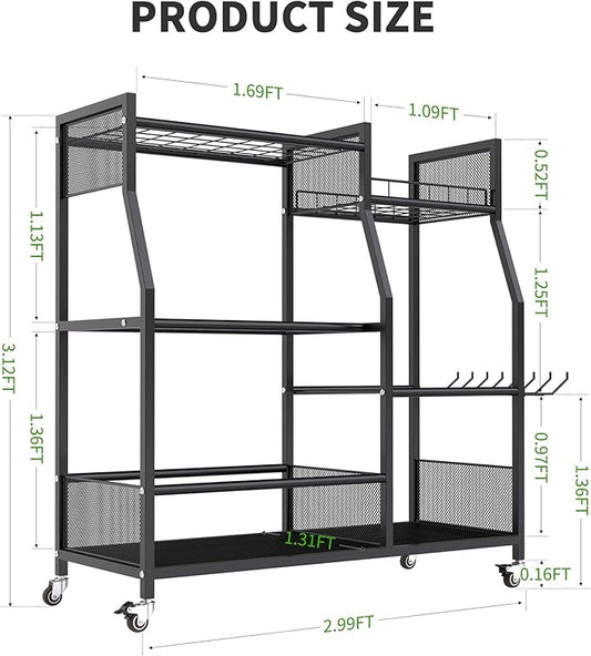HOTEAGLE Garden Tool Organizer for Garage with 35.4” Width(High Stability), Outdoor Metal Utility Rolling Carts with Mute Wheels & 18.5mm Thick Rods, Easy to Clean, Black