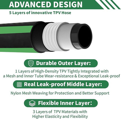 Garden Hose 100 ft Non-expandable Water Hose Flexible Durable 5 Layers TPV No Kink Lightweight Hybrid Hoses Heavy Duty with 3/4’’ Fittings-10 Way Nozzle Collapsible Outdoor Pipe for Yard Lawn