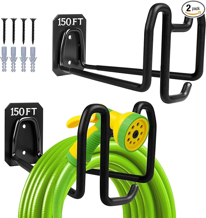 2pcs Hose Holders for Outside - Upgraded Garden Hose Holder with Hook, Metal Garden Hose Hanger Wall Mount Heavy Duty Hose Hangers for Outside for Yard Lawn Storage