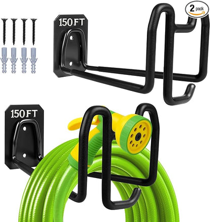 2pcs Hose Holders for Outside - Upgraded Garden Hose Holder with Hook, Metal Garden Hose Hanger Wall Mount Heavy Duty Hose Hangers for Outside for Yard Lawn Storage