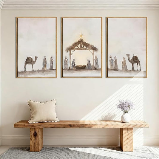 Anyzal Large Jesus Framed Wall Art 16x24 Inch Easter Catholic Nativity Scene Canvas Wall Decor Christian Religious Painting for Living Room Bedroom Dining Room Set of 3