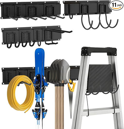 Garage Tool Organizer Wall Mount, Easy to 64inch Install Heavy-Duty Garage Storage System with 11 Adjustable Hooks, Garden Tool Rack for Shovels, Rakes, Yard Tools