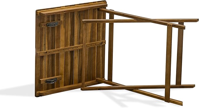 East West Furniture SEBS3CANA 3 Piece Folding Patio Bistro Sets Outdoor Set Contains a Square Acacia Wood Coffee Table and 2 Folding Arm Chairs, 26x26 Inch, Natural Oil