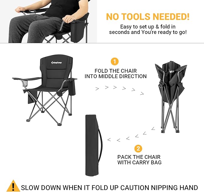 KingCamp Padded Folding Lounge Chairs with Built in Cupholder, Insulated Cooler Sleeve, and Side Storage Pocket for Indoor and Outdoors, 2 Pack, Black