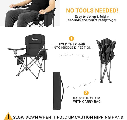 KingCamp Padded Folding Lounge Chairs with Built in Cupholder, Insulated Cooler Sleeve, and Side Storage Pocket for Indoor and Outdoors, 2 Pack, Black