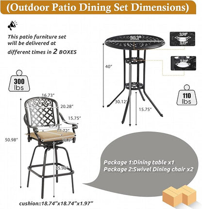 3-Piece Cast Aluminum Patio Bar Set, Outdoor Round High Top Table & 2 Swivel Bar Chairs with Cushions, All-Weather Bistro Table and Chairs Set for Patio, Lawn & Garden (1 Table +2 Swivel Chairs)