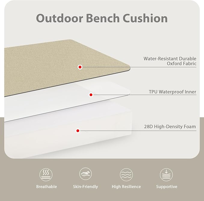 Favoyard Outdoor Bench Cushion 45 x 18 Inch Waterproof Patio Furniture Cushions 3-Year Color Fastness Garden Sofa Settee Couch Swing Pads with Handle and Attach Ties, Beige