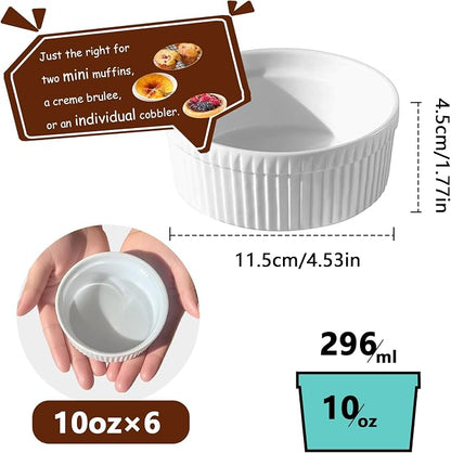 Cinf White 10 oz Set of 6 Souffle Dishes Ramekins Oven Microwave Safe Bowls Creme Brulee Sauce Cups for Baking Cooking Porcelain Individual Serving Size for Desserts