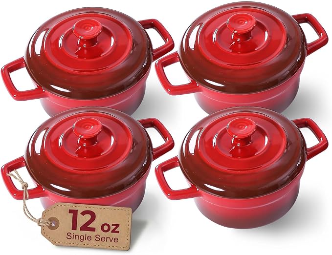 Lareina Mini Cocotte - 12oz Ceramic Casserole Dishes - Kitchen Casserole Sets With Handles And Lid - Small Baking Ramekins - Oven, Microwave & Dishwasher Safe - Set of 4 - Red | Small casserole ramekins with handles, oven, microwave & dishwasher safe. ...