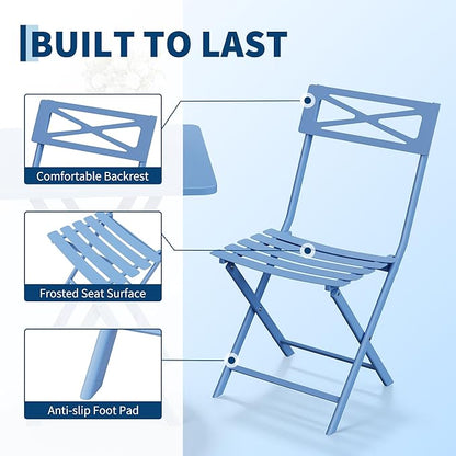 Outdoor Square Bistro Set 3 Piece, Blue Iron Tube Patio Furniture Set with Square Table & 2 Chairs, Foldable Steel Backyard Deck Porch Garden , Space Saving Outdoor Dining Set for Small Spaces