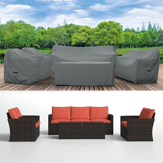 Covers & All Patio Furniture Cover Set, 5 Piece Outdoor Furniture Covers, Water-Repellent UV & Weather-Resistant Covers for Sofa, Loveseat, Chairs & Coffee Table with Elastic & Padded Handles