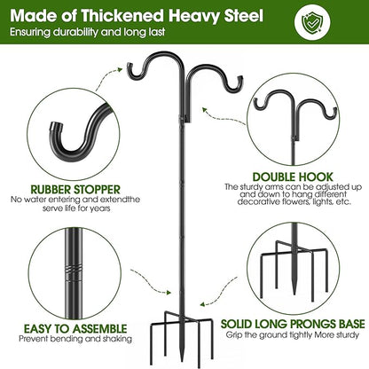 Double Shepherds Hooks for Outdoor, 108" Heavy Duty Bird Feeder Pole with 5 Prong Base, Adjustable Shepherds Hook for Bird feeders Outside, Garden, Weddings, Hanging Plants, 2 Pack, Black