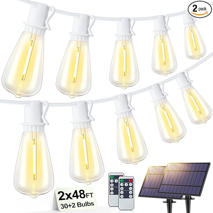 96FT(2x48FT) Solar Outdoor String Lights with Remote & Timer, Waterproof Dimmable Patio Lights with 30+2 ST38 LED Bulbs for Garden Deck-White