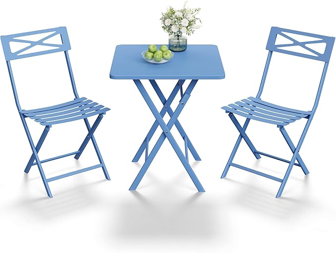 Outdoor Square Bistro Set 3 Piece, Blue Iron Tube Patio Furniture Set with Square Table & 2 Chairs, Foldable Steel Backyard Deck Porch Garden , Space Saving Outdoor Dining Set for Small Spaces