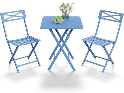 Outdoor Square Bistro Set 3 Piece, Blue Iron Tube Patio Furniture Set with Square Table & 2 Chairs, Foldable Steel Backyard Deck Porch Garden , Space Saving Outdoor Dining Set for Small Spaces