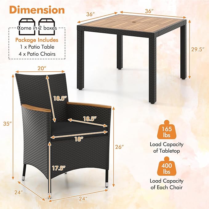 Tangkula 5 Pieces Patio Dining Table Set for 4, Rattan Conversation Set with Umbrella Hole, Seat Cushions & Acacia Wood Tabletop, Outdoor Dining Table with 8 Chairs for Backyard (Black)