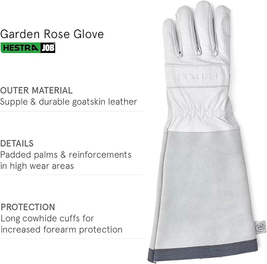 Hestra Job Garden Rose Glove, Long Protective Leather Gauntlet Gardening Gloves for Men & Women - Offwhite - 10