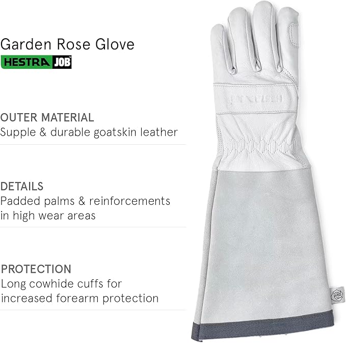 Hestra Job Garden Rose Glove, Long Protective Leather Gauntlet Gardening Gloves for Men & Women- Offwhite - 8