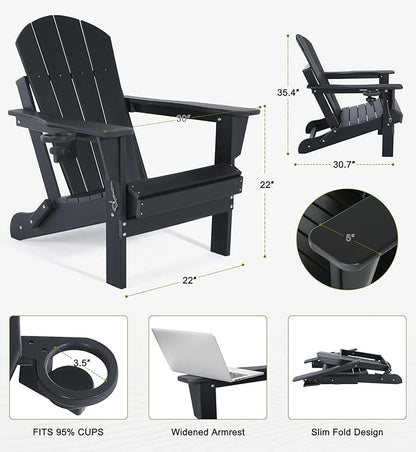Folding Adirondack Chairs - Plastic Adirondack Chair with Cup Holder, Outdoor Chairs Weather Resistant for Outside, Patio, Lawn, Garden, Backyard Deck, Fire Pit - Black