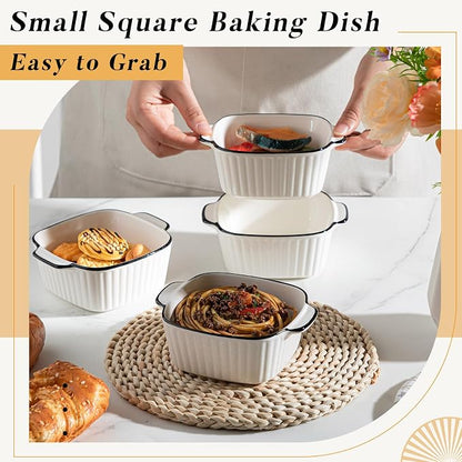 Maxdot 4 Pcs Ceramic Baking Dishes Porcelain Soup Bowls 5.75 Inches Ceramic Square Cereal Bowls with Handles for Kitchen Air Fryer Oven Microwave Safe Serving Mother's Day Wedding Party Gift
