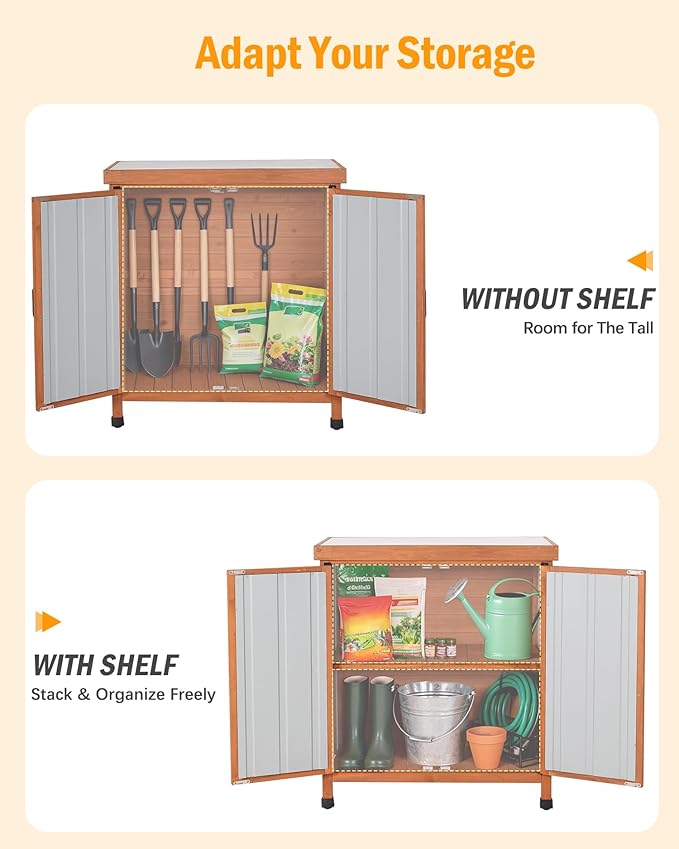 Black Metal Outdoor Storage Cabinet with X-Design Doors & Wood Frame, Metal Top Potting Bench Weatherproof for Patio, Garden & Backyard, 31.5"x 17.7"x 35.4"Tool Outdoor Shed