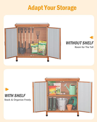 Black Metal Outdoor Storage Cabinet with X-Design Doors & Wood Frame, Metal Top Potting Bench Weatherproof for Patio, Garden & Backyard, 31.5"x 17.7"x 35.4"Tool Outdoor Shed