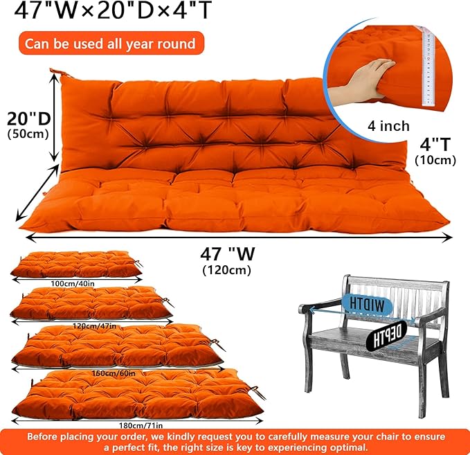 Outdoor Swing Cushions 3 Seater Waterproof, Replacement Bench Cushions for Outdoor Patio Furniture with Backrest, Porch Swing Cushion with Ties for Lawn and Garden (Orange, 40x47in)