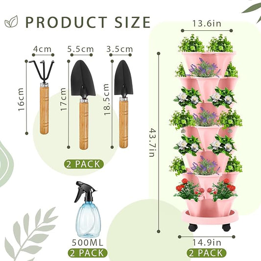 Umigy 2 Set of 7 Tier Vertical Planter Stackable Tower Planters Strawberry Herb Flower and Vegetable Pots Indoor Outdoor Gardening Pots with Removable Wheels and Tools(Pink)