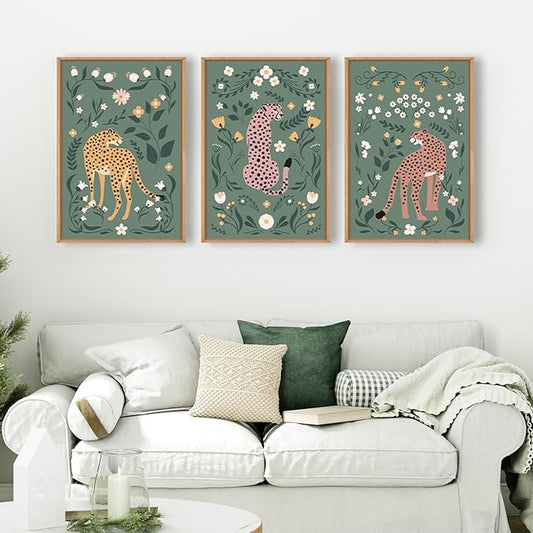 KAIRNE Sage Green Cheetah Framed Canvas Wall Art Set,Boho Leopard Floral Wall Decor,Abstract Animal Wildflower Art Prints,Modern Botanical Artwork for Living Room,Bedroom,Farmhouse,Office-16 x24 x3