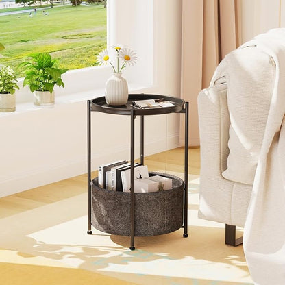 Garden 4 you Small Side Table, Mini Round End Table, Tray Table with Fabric Storage Basket, Modern Nightstand for Living Room, Bedroom, Patio, Small Space, Black