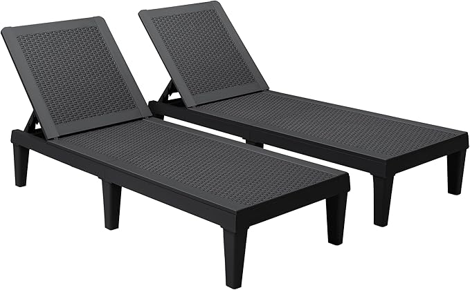 Devoko Outdoor Chaise Lounge Chair Set of 2 for Outside Pool Patio, Adjustable Waterproof Easy Assembly Chaise Lounge Outdoor (Black, Set of 2)