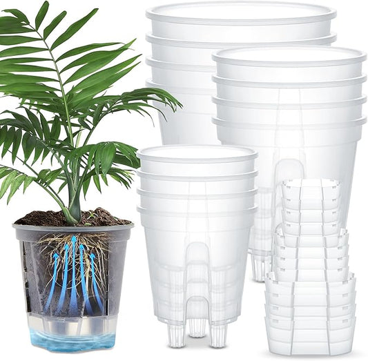 Wonderjune Self Watering Pots for Indoor Plants with Deep Reservoir and High Drainage Holes for Outdoor Plants and Flowers, Bare Root Planter(4.72'', 5.91'', 7.09'',Clear,12 Pcs)