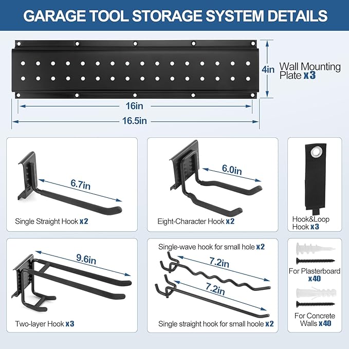 49.5'' Garage Tool Organizer Wall Mount 17PCS, 520lbs Heavy Duty Garden Tool Organizer with 14 Adjustable Hooks, Yard Tool Hanger for Shovel Rake Broom Ladder, Garage Wall Organization, Men Gift