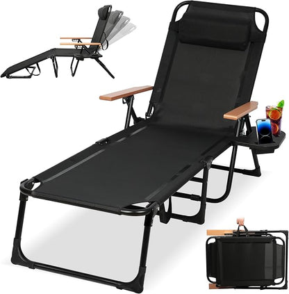 Beach Lounge Chair, Folding Outdoor Chaise Lounge Chair with Arms, 4-Position Backrest, Extended Sun Tanning Chair Pillow & Cup Holder, Patio Lounger for Outside for Beach Pool Patio Yard (Black)