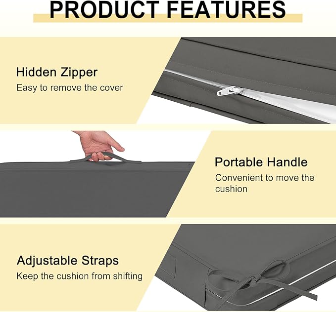 downluxe Waterproof Outdoor Chair Cushions for Patio Furniture, 19" x 19" x 2" Patio Chair Cushion with Non-Slip Ties & Portable Handle, Square Outdoor Cushion with Removable Cover, Dark Grey, 2 Pack
