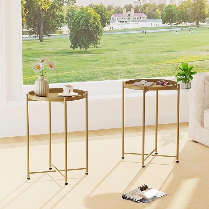 Garden 4 you Small Side Table, Gold Mini Round End Table, Tray Table with Metal Frame, Modern Nightstand for Living Room, Bedroom, Patio, Small Space, 1PCS