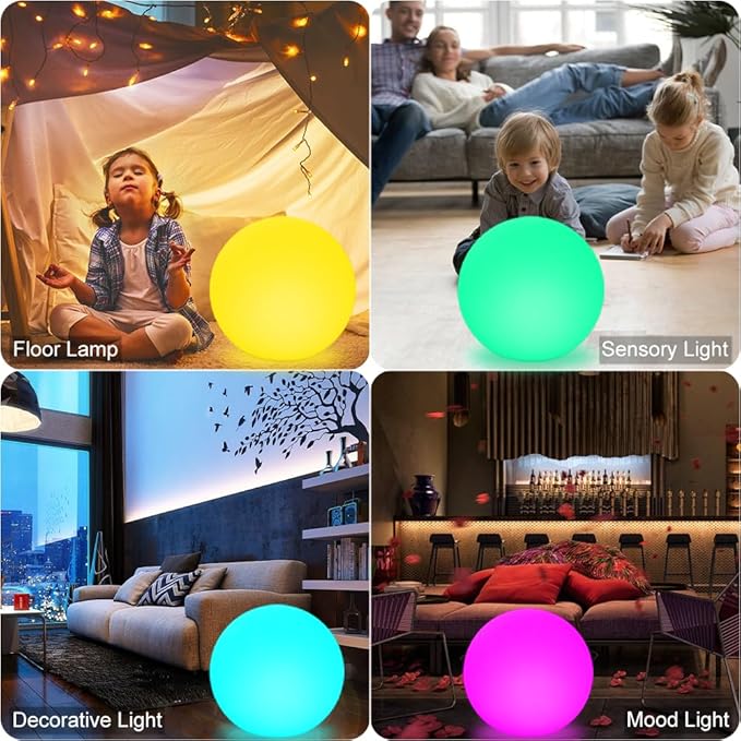 6-in LED Globe Orb Light for Kid, 16 RGB Colors Changing Orb Night Light w/Remote (1PC) and 16-in Cordless LED Glowing Ball Light, Waterproof Indoor/Outdoor LED Globe Orb Light w/Remote (1PC)