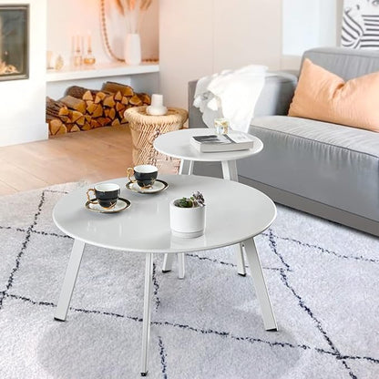 Meluvici Outdoor Patio Coffee Table Set of 2, Weather Resistant End Table, Round Nesting Tables for Living Room Balcony Office, White