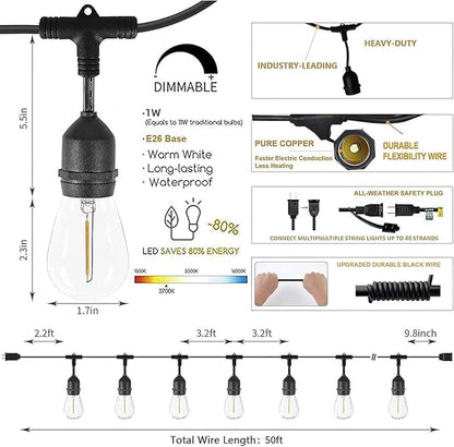 Svater Outdoor String Lights 150FT, E26 Socket, 48pcs S14 Shatterpoof Bulbs, 1 Watt Dimmable 2700K Warm White, IP65 Waterproof Commercial Grade Patio Lights（3 Pack X 50FT）